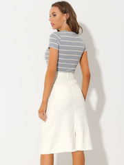 Casual High Waist Back Slit Stretch Denim Midi Skirt