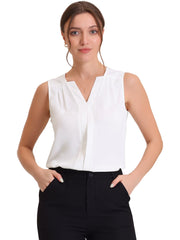 Sleeveless Work Top Pleated Chiffon V Neck Blouse
