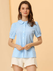 Plaid Puff Short Sleeve Gingham Peter Pan Collar Button Down Shirt