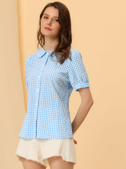 Plaid Puff Short Sleeve Gingham Peter Pan Collar Button Down Shirt