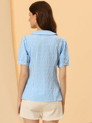 Plaid Puff Short Sleeve Gingham Peter Pan Collar Button Down Shirt