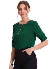 Square Neck Pleated Tops Ruched Sleeve Chiffon Office Work Blouse