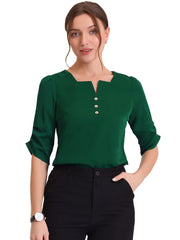 Square Neck Pleated Tops Ruched Sleeve Chiffon Office Work Blouse