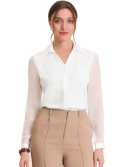 V Neck Point Collar Mesh Sleeve Button Down Work Office Shirt