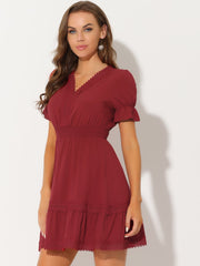 Boho Puff Sleeve V Neck Smocked Waist Ruffled Tiered Dress