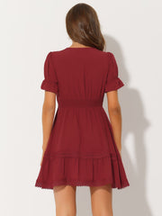 Boho Puff Sleeve V Neck Smocked Waist Ruffled Tiered Dress