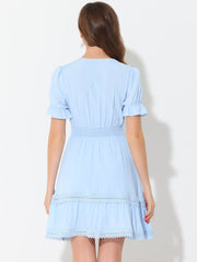 Boho Puff Sleeve V Neck Smocked Waist Ruffled Tiered Dress