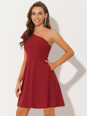 Bow One Shoulder Sleeveless Pockets A-Line Midi Dress
