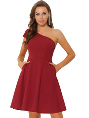 Bow One Shoulder Sleeveless Pockets A-Line Midi Dress