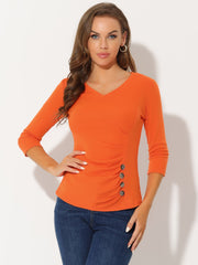 3/4 Sleeve Solid Knitted Button Decor Ruched Blouse