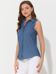 Denim Button Down Sleeveless Lapel V Neck Chambray Tunic Top