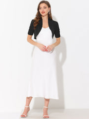 Short Ruched Sleeve Open Front Knit Cropped Bolero Shrugs