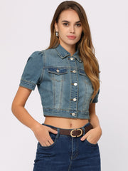 Casual Button-Down Puff Long Sleeve Crop Denim Jacket