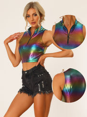 Metallic Crop Tops Mock Neck Zip Up Shiny Holographic Tank Top