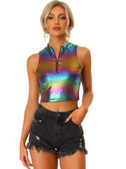 Metallic Crop Tops Mock Neck Zip Up Shiny Holographic Tank Top