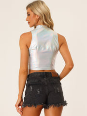 Metallic Crop Tops Mock Neck Zip Up Shiny Holographic Tank Top