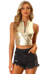 Metallic Crop Tops Mock Neck Zip Up Shiny Holographic Tank Top