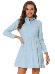Casual Long Sleeve Half Placket Embroidered Floral Mini Shirt Dress