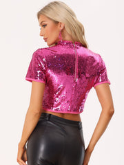 Sequin Sparkle Glitter Short Sleeve Shinning T Shirt Club Blouse