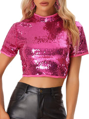 Sequin Sparkle Glitter Short Sleeve Shinning T Shirt Club Blouse