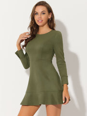 Faux Suede Round Neck Long Sleeve Ruffle Hem Party Mini Dress