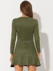 Faux Suede Round Neck Long Sleeve Ruffle Hem Party Mini Dress