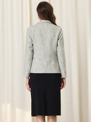 Tweed Plaid Long Sleeves Notched Lapel Open Front Blazer Jacket