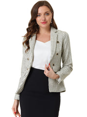 Tweed Plaid Long Sleeves Notched Lapel Open Front Blazer Jacket