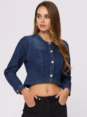 Denim Collarless Long Sleeve Button Down Crop Jean Jacket