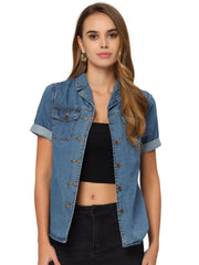 Button Up Collared Short Sleeve Pocket Classic Denim Shirt