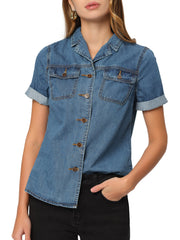 Button Up Collared Short Sleeve Pocket Classic Denim Shirt