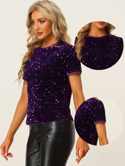 Glitter Sequin Velvet Crew Neck Short Sleeve Party Clubwear Blouse