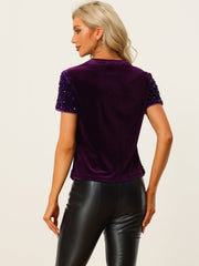 Glitter Sequin Velvet Crew Neck Short Sleeve Party Clubwear Blouse