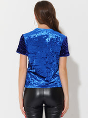 Glitter Sequin Velvet Crew Neck Short Sleeve Party Clubwear Blouse