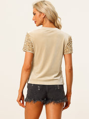 Glitter Sequin Velvet Crew Neck Short Sleeve Party Clubwear Blouse