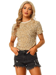 Glitter Sequin Velvet Crew Neck Short Sleeve Party Clubwear Blouse