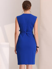 Solid Color V Neck Sleeveless Belted Business Office Midi Sheath Dress