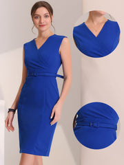 Solid Color V Neck Sleeveless Belted Business Office Midi Sheath Dress
