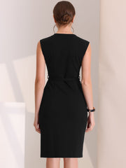 Solid Color V Neck Sleeveless Belted Business Office Midi Sheath Dress