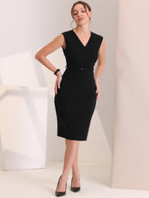 Solid Color V Neck Sleeveless Belted Business Office Midi Sheath Dress