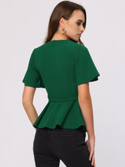 Peplum Round Neck Bell Sleeve Belted Waist Office Blouse