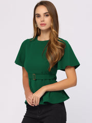 Peplum Round Neck Bell Sleeve Belted Waist Office Blouse