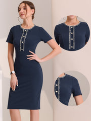 Short Sleeve Button Decor Bodycon Sheath Work Midi Dress