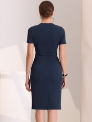 Short Sleeve Button Decor Bodycon Sheath Work Midi Dress