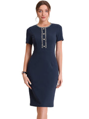 Short Sleeve Button Decor Bodycon Sheath Work Midi Dress