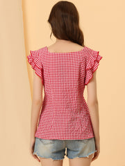 Summer Gingham Tops Square Neck Ruffle Cap Sleeve Blouse
