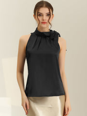 Elegant Satin Sleeveless Tie Knot Mock Neck Solid Work Blouse Top