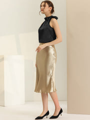 Elegant Satin Sleeveless Tie Knot Mock Neck Solid Work Blouse Top