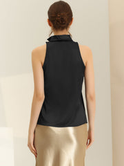 Elegant Satin Sleeveless Tie Knot Mock Neck Solid Work Blouse Top