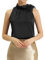 Elegant Satin Sleeveless Tie Knot Mock Neck Solid Work Blouse Top